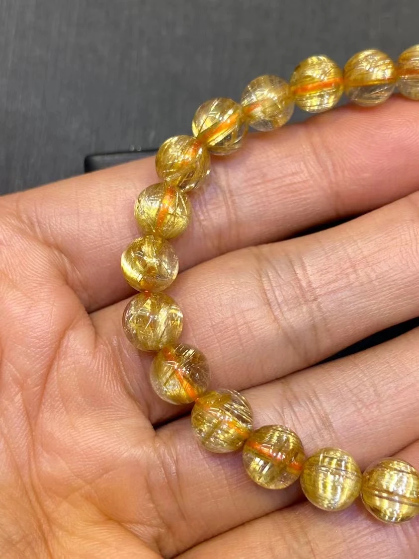 Natural Gold Rutilated Titanium Quartz Bracelet Brazil 7.7mm Woman Man Wealthy Clear Round Beads Crystal Charms AAAAAA