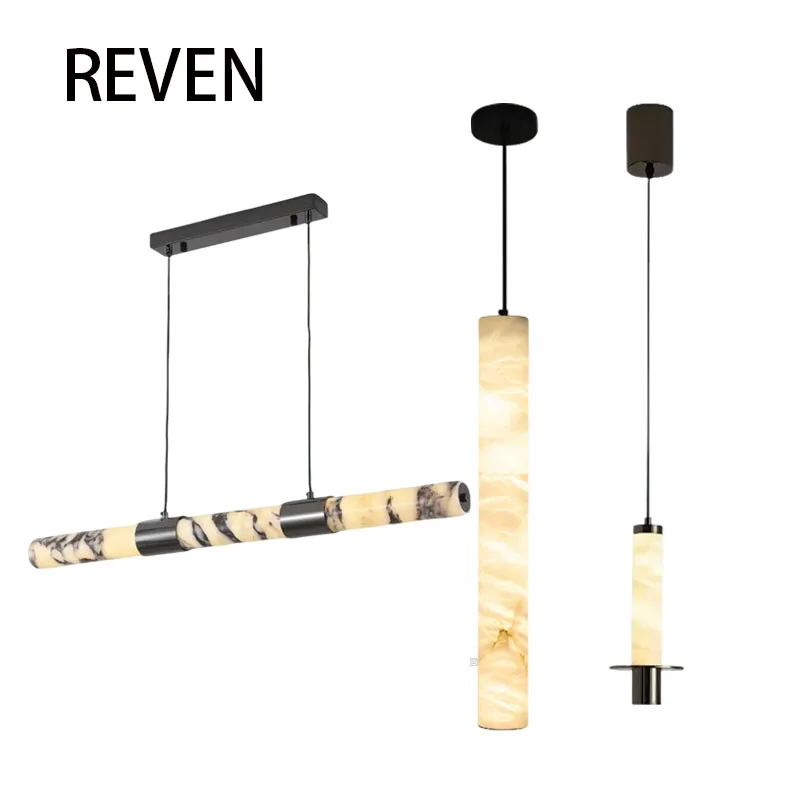 

REVEN Modern long Marble LED Ceiling Chandelier Pendant Light with Snowflake gypsum Shade for Restaurant Hotel Café Lustre