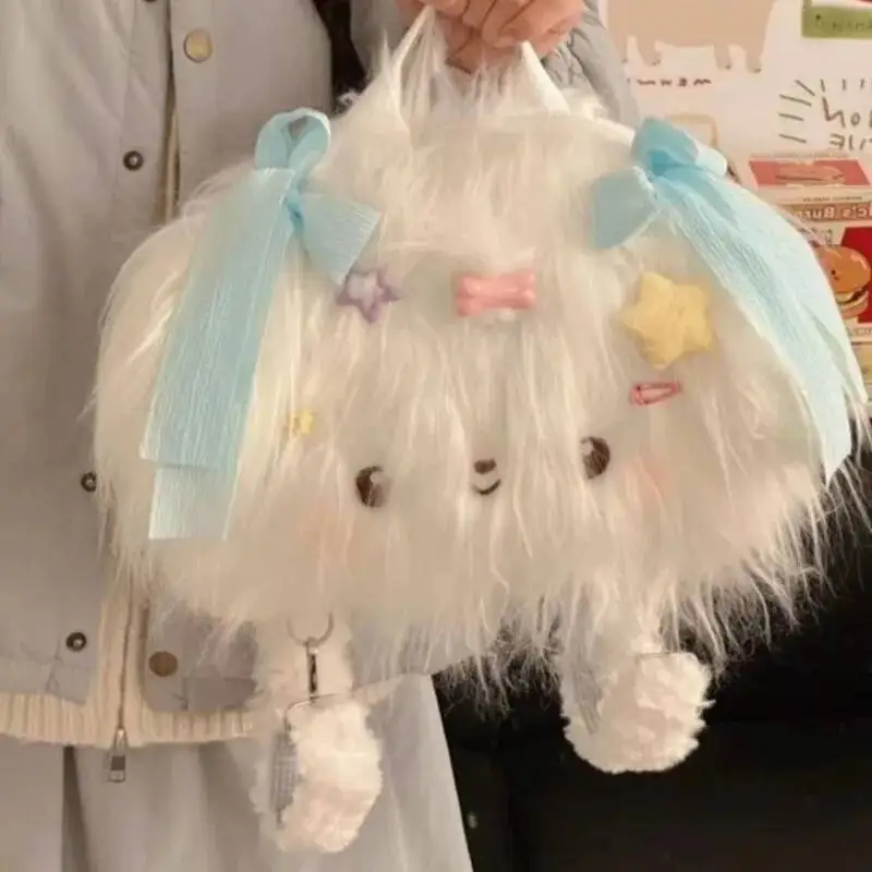 Bloom Sweet Cute Plush Lolita Handbag Women Bow Star Large Capacity Backpack Ladies Kawaii Long Hair Puppy Mochilas Mujer 2025
