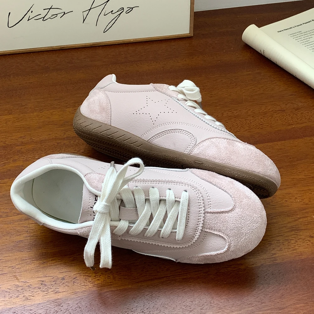 

New Women's Star Embossed Retro Sneakers, Suede & Leather Low-Top Shoes, Breathable Footwear in Pink/Yellow/White