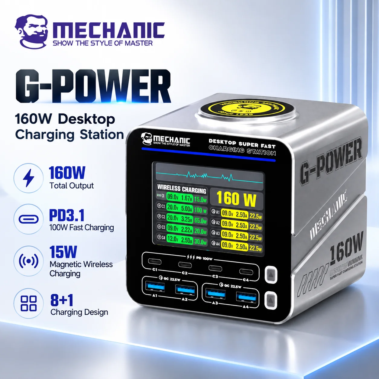 MECHANIC G-Power 160W GaN Desktop Charger 8-Port Charging Station 15W Wireless Digital Display PD3.1 for iPhone Android Laptop