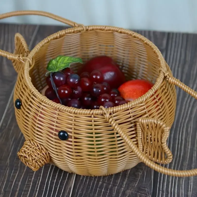 Home Woven Vine Hanging Sorting Fruit Flower Basket Handheld Storage Picnic Baskets Cute Rabbit Pig Storage Organizer Basket