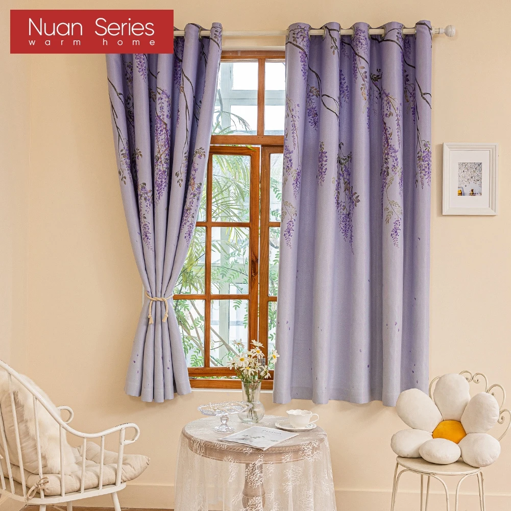 1PC Nuan Series 70-80% Blackout Violet Vine Printed Comfortable Short Curtain For Bedroom Living Room Home Decor