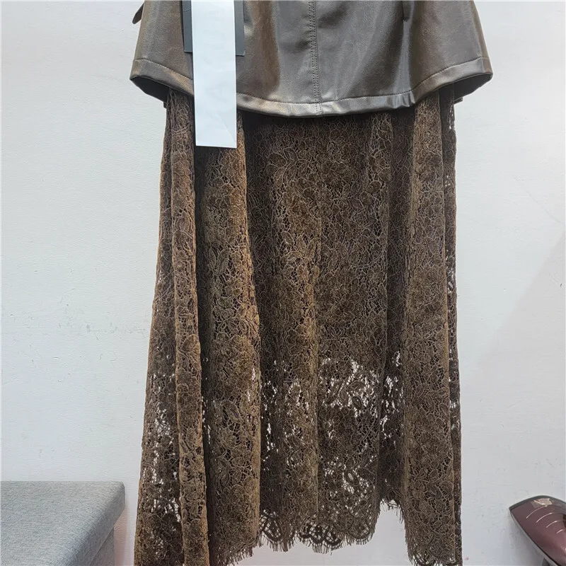 HKSH 2026 Primavera Estate Nuove Donne Gonna di Cuoio DELL'UNITÀ di elaborazione Patchwork di Pizzo Versatile Elegante High-end Retro Moda Casual Gonne HK17174