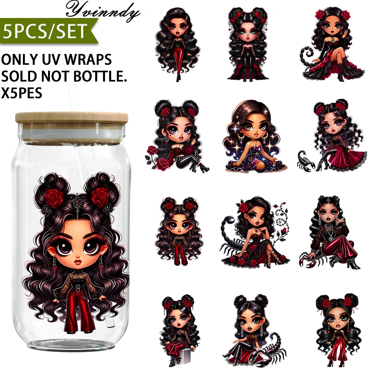 

5PCS/SETScorpio Woman UV DTF DIY 16OZ Transfer Sticker For DIY Cups,Computer Scrapbook Etc. (Only Stickers Included)
