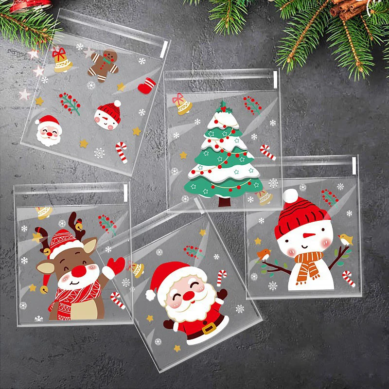 

100Pcs Christmas Cookie Candy Bag Santa Claus Plastic Biscuit Gift Packaging Bag Xmas Party Decoration Supplies New Year 2025