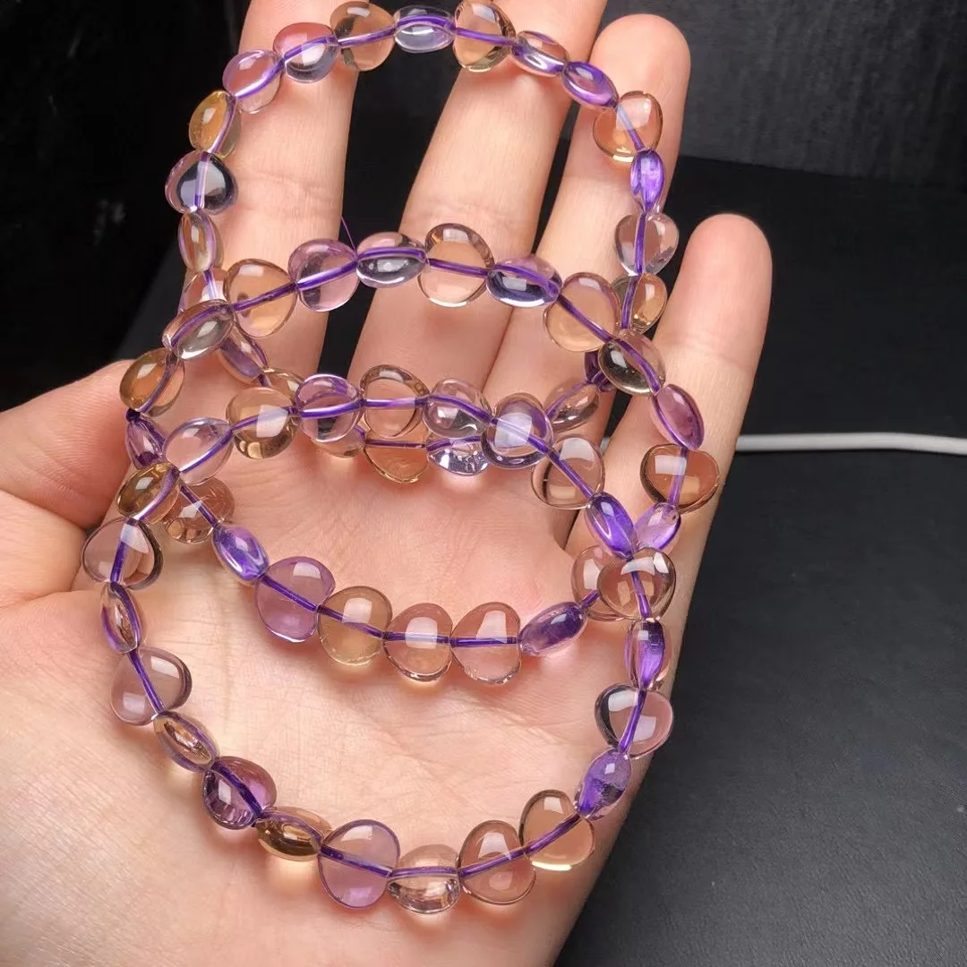 Natural Ametrine Heart Bracelet Bangle Bead Crystal Healing Stone Stretch Polychrome Gemstone For Women Birthday Present 1pcs