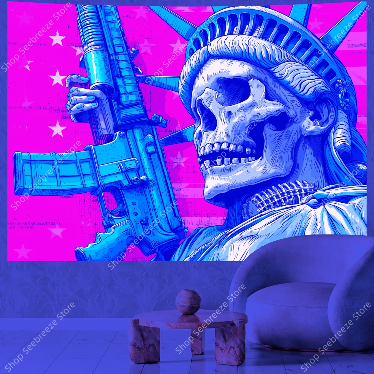 Skull Liberty Statue UV Tapestry Punk Style Gun Art with Pink Star Background Edgy Wall Hanging for Alternative Room Decor