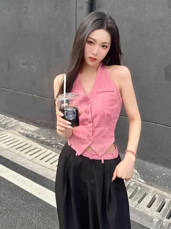 

Pink Striped Backless Neck Hanging Strap Vest Black Pants Women's 2025 Summer New Korean Style Set Fashionable Two-Piece Suit