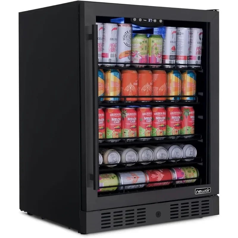 ثلاجة مشروبات مدمجة مقاس 24 بوصة، مبرد صغير بسعة 177 علبة لغرفة النوم - ثلاجة مشروبات من الفولاذ المقاوم للصدأ باللون الأسود