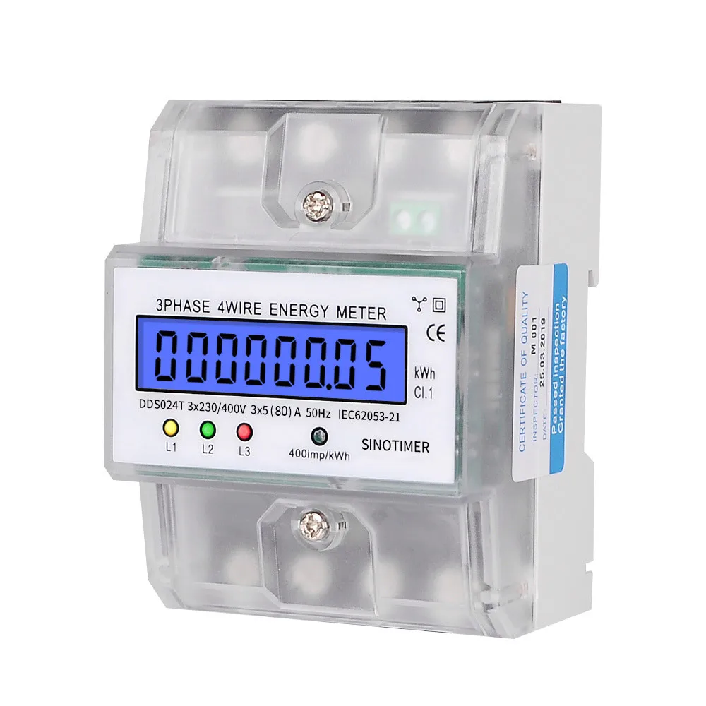 

3 Phase 4 Wire Electronic Watt Power Consumption Energy Meter Din Rail 5-80A AC400V 50Hz LCD Backlight Display kWh Wattmeter