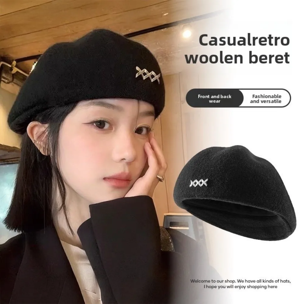 

Elegant Knitted Woolen Berets Solid Color Korean Style Artist Cap Metal Label Windproof Octagonal Cap Outdoor