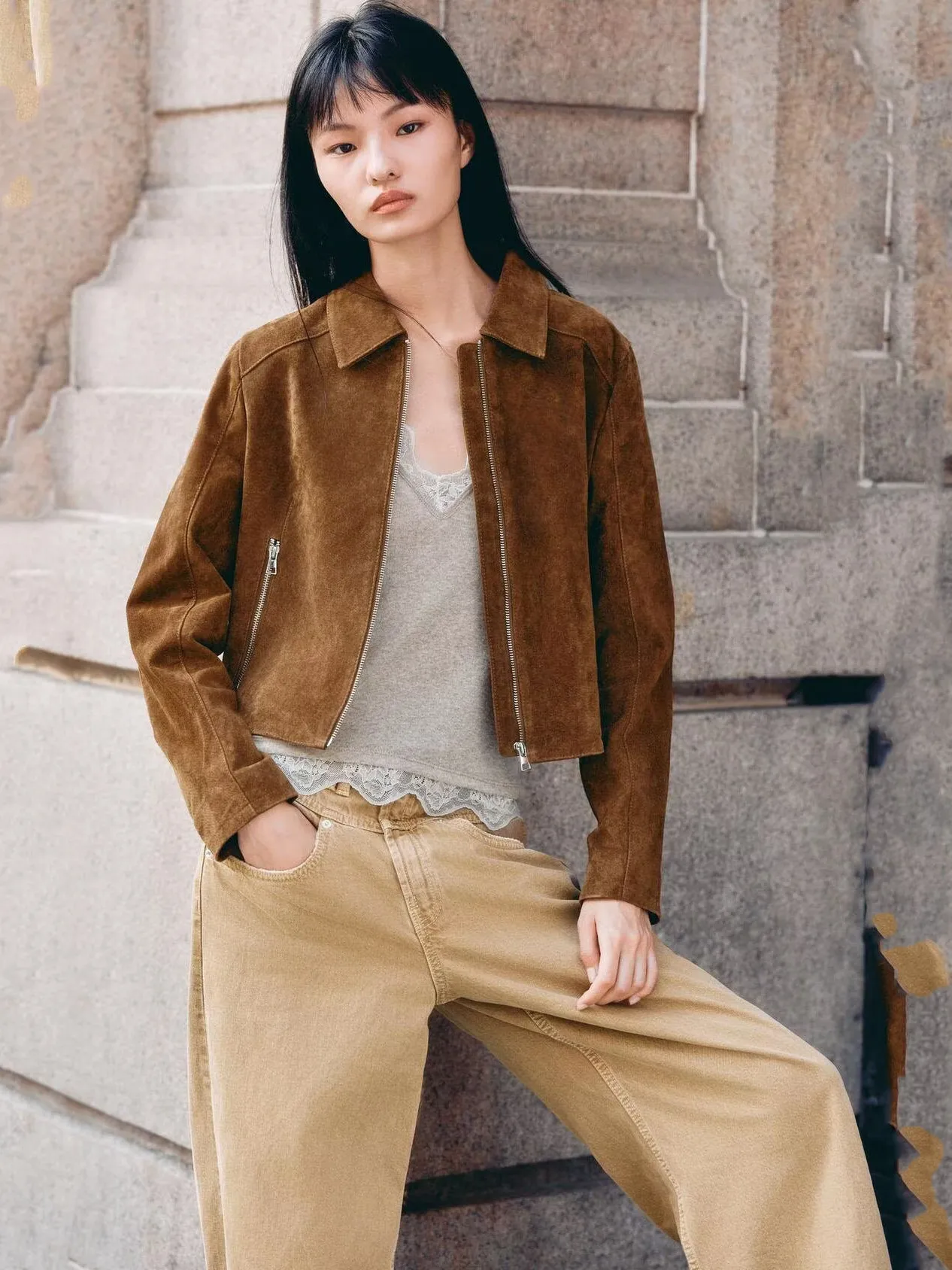 

ort Pure Leather Jaet Zipper Collar Women's Outerwear New Arrival Autumn Season Stand Fit Ladies Coat