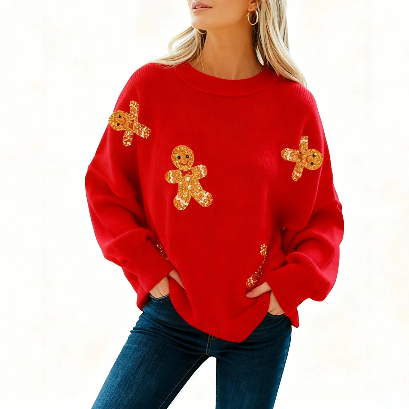 

Женские рождественские вязаные свитера с блестками, свободный пуловер, свитер с длинными рукавами и круглым вырезом, топ с забавным рисунком, рождественский трикотаж