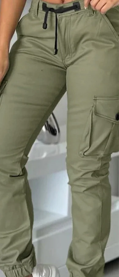 Women High Waist Multiple Pockets Design Cuffed Cargo Pants Slim Fit Trousers Pants Y2K