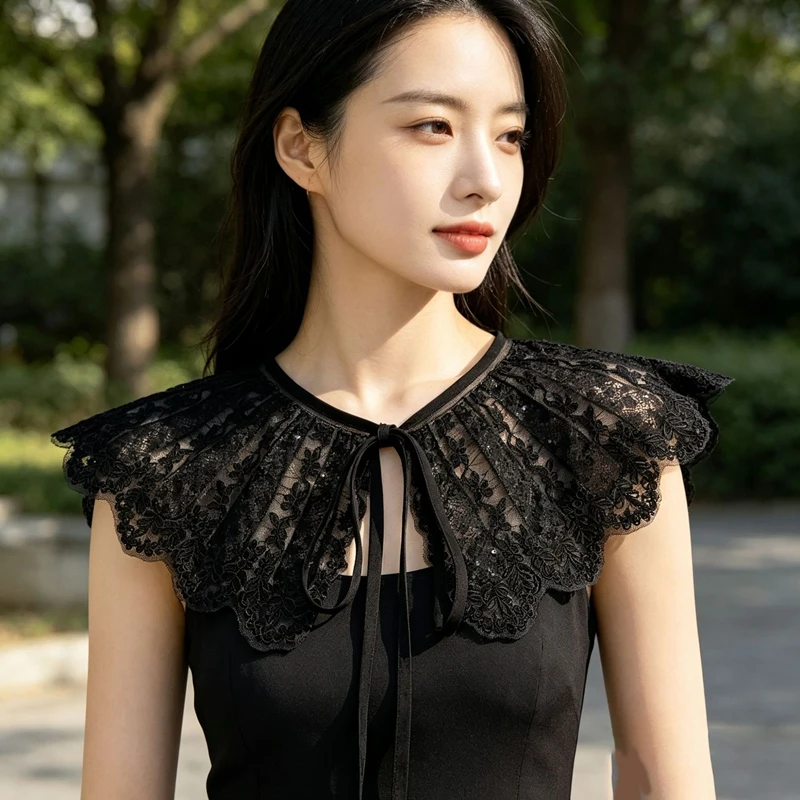 Black Lace Detachable Collar Embroidery Sequin Shawl Collar Hollow Out False Collar Shirt Dress Decor Necklace Accessories