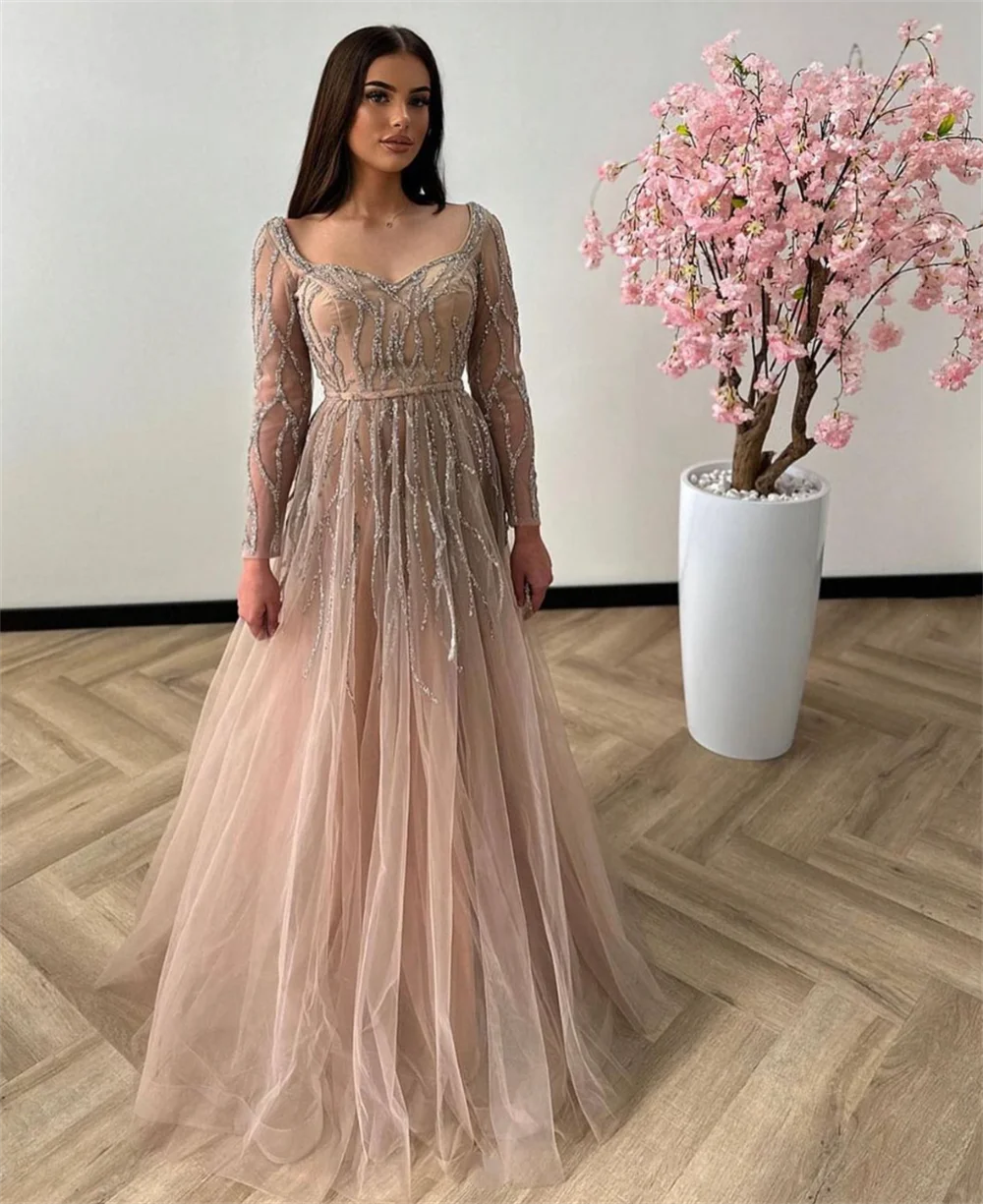 Jessica champanhe vestido de casamento lantejoulas mangas compridas árabe senhoras vestidos de baile tule elegante sob medida vestidos de ocasião personalizados