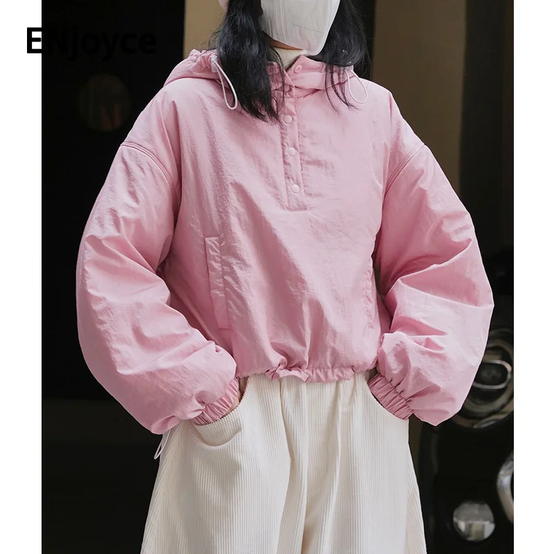 

Women Winter Korean Fashion Pink Short version Hooded Cotton Jackets Female Light Down Coats Waterproof Windbreaker Clothing