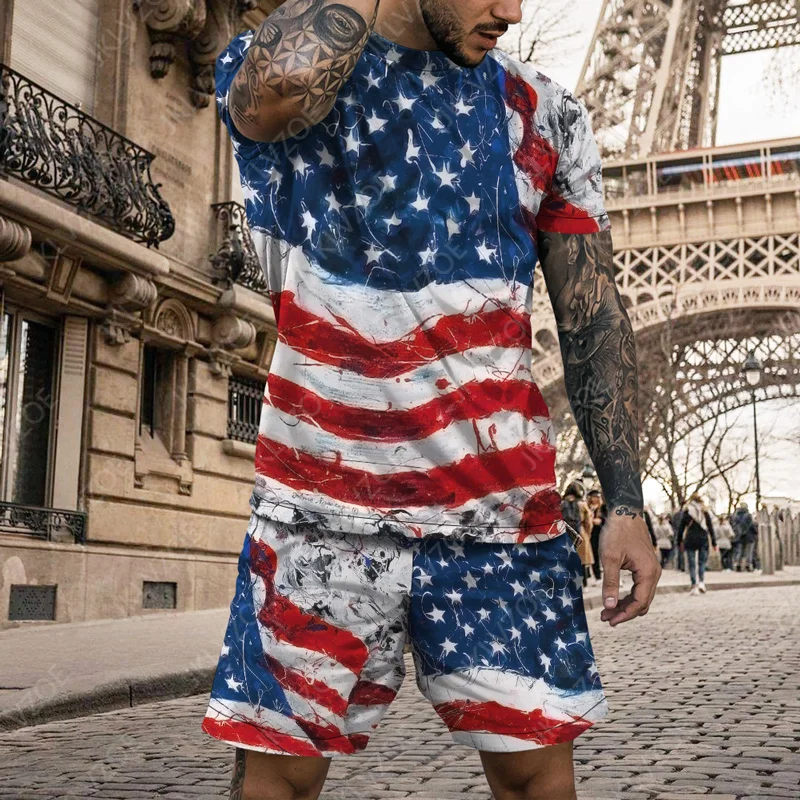 Men\'s Summer American Flag Tracksuit Sets 3d Printing Tshirt +Shorts Outfit Independence Day Sports Suit Men Clothes US Sizes