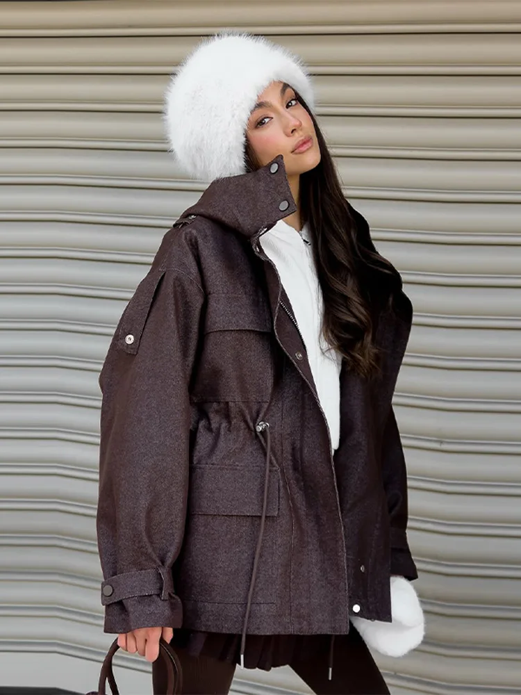 Kapuzenjacke mit Mehreren Taschen und Kordelzug für Damen, Streetwear-Stil mit Stehkragen, Epauletten, Langen Ärmeln, Locker Geschnittene Mäntel, Schicke Damen-Oberbekleidung – Detail 15