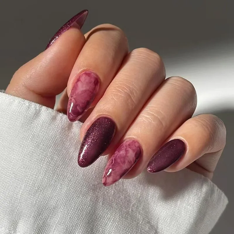 

24Pcs Mid-length Almond Press on Fake Nails with Red Smudge Shiny Powder Design False Nails Art Detachable Full Cover Nails Tips