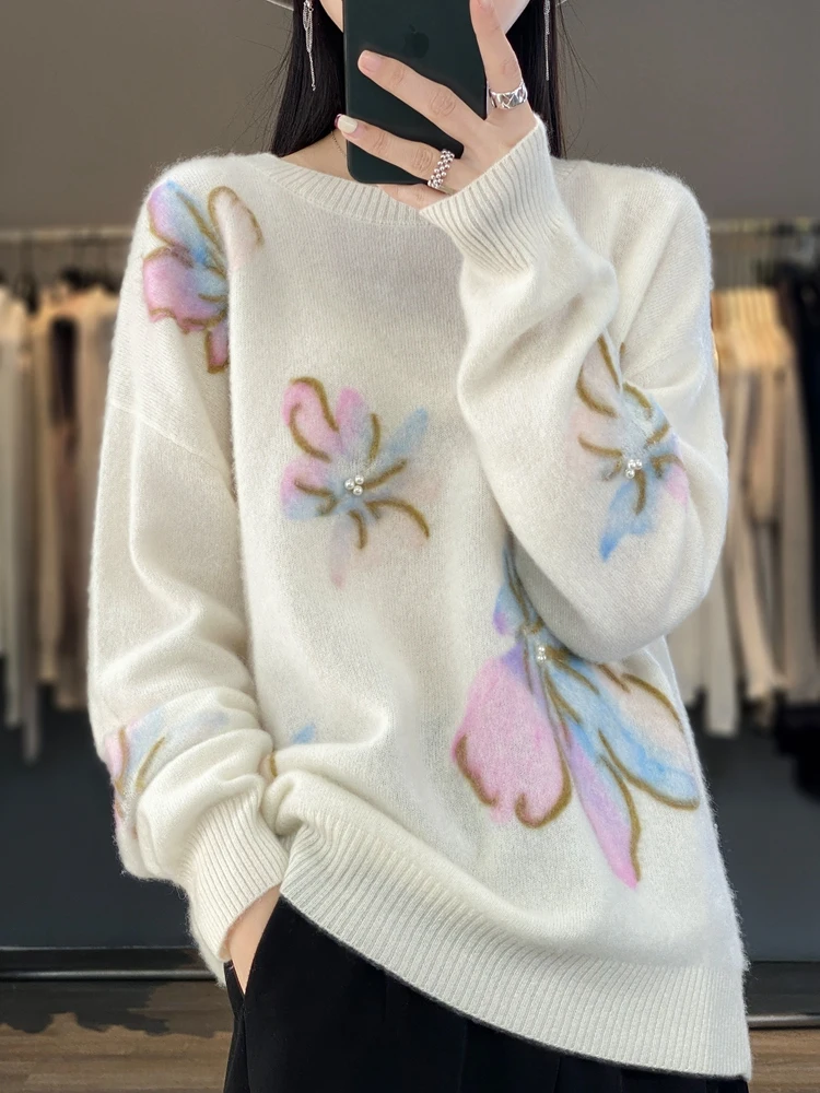 Yoyoselect Neue Herbst Winter Frauen 100% Merino Wolle Pullover Oansatz Casual Pullover Perle Blume Strickwaren Koreanische Lose Kleidung