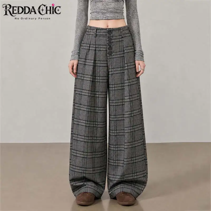 REDDACHiC Work Casual Plaid Dress Pants Women Fall Winter Straight Pleated Baggy High Waist Tweed Suit Pants Minimalist Costume
