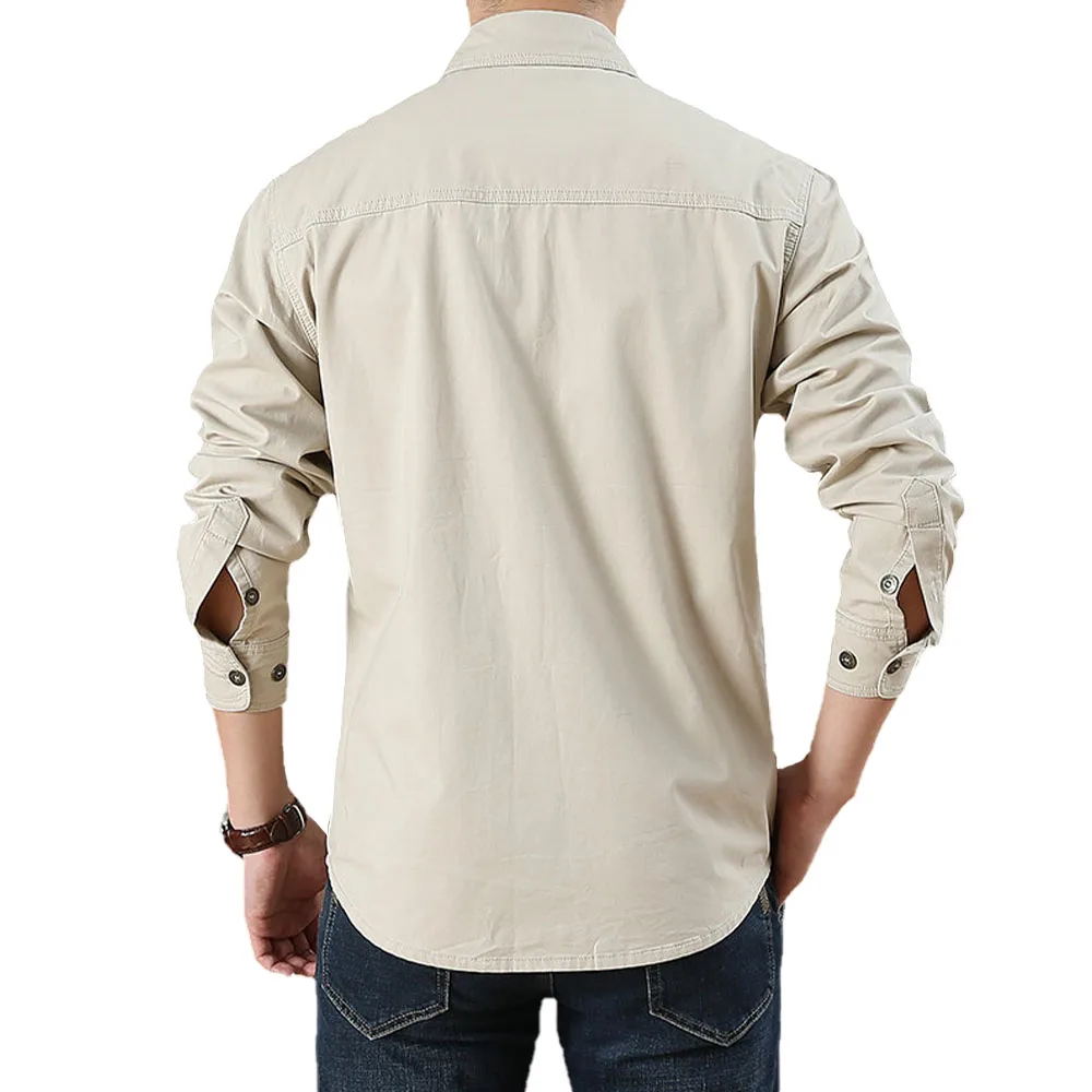 New Autumn Fashion Coton Shirts for Men Long Sleeve Multi-Pocket Cargo Shirt Solid Color Casual Outdoor Colthing Men\'s Shirt