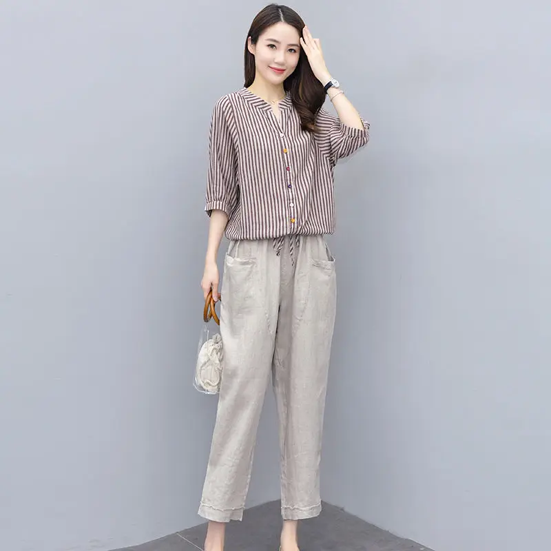 Elegant Fashion Harajuku Slim Fit Female Clothes Sets Loose Casual All Match Patchwork Button Tops Solid Trousers Two Piece Set