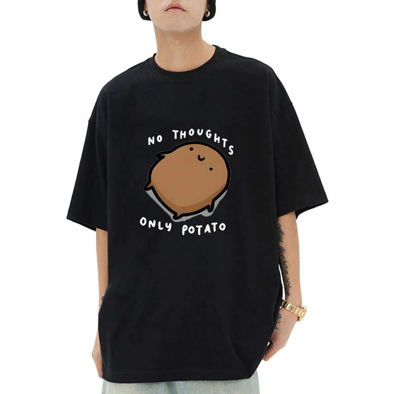 

Cute Potato Graphic No Thoughts Only Potato printed short sleeve T-shirts Men women Oversized Cotton Potato Lover tops Unisex