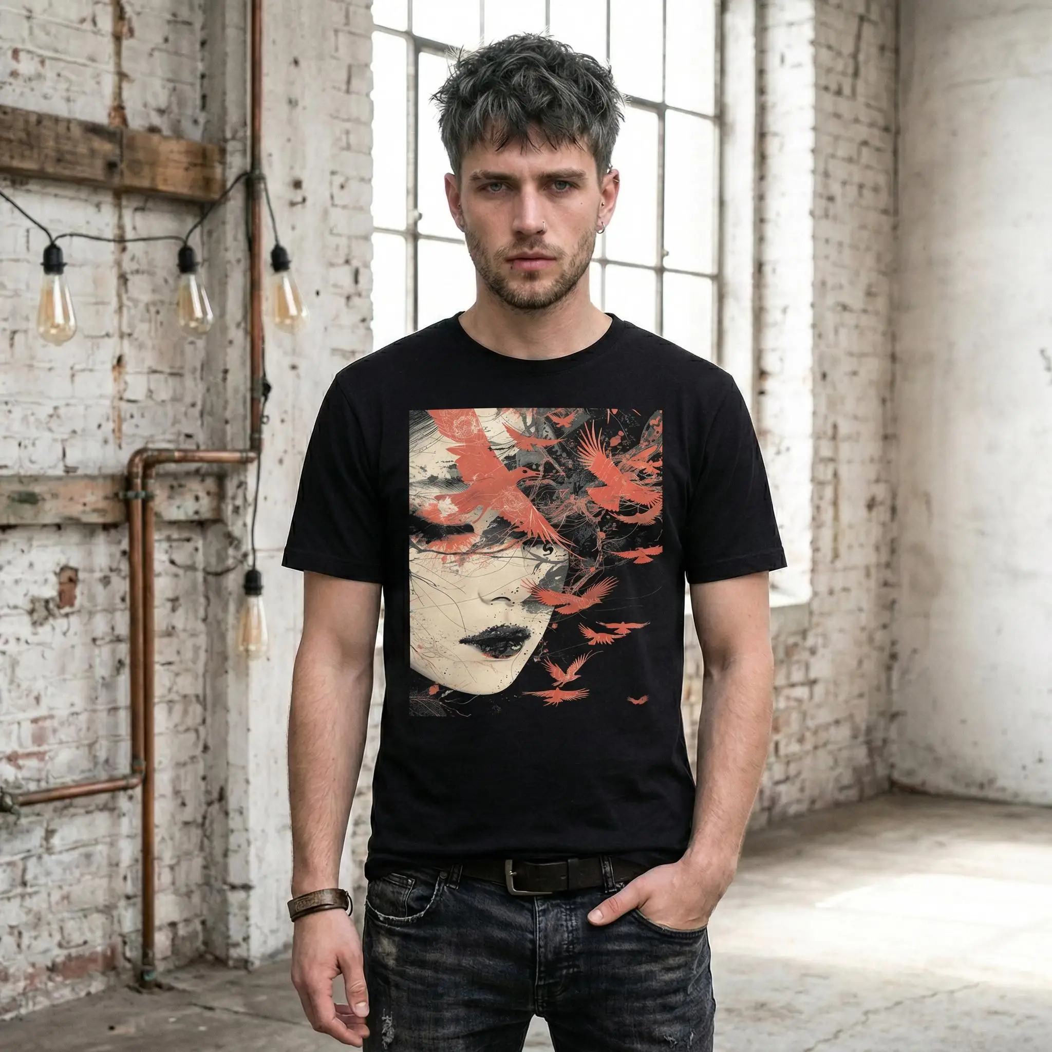Geisha Crow Tshirt, Japanese Horror Shirt, Art Nouveau Graphic Tee, Alternative Clothing