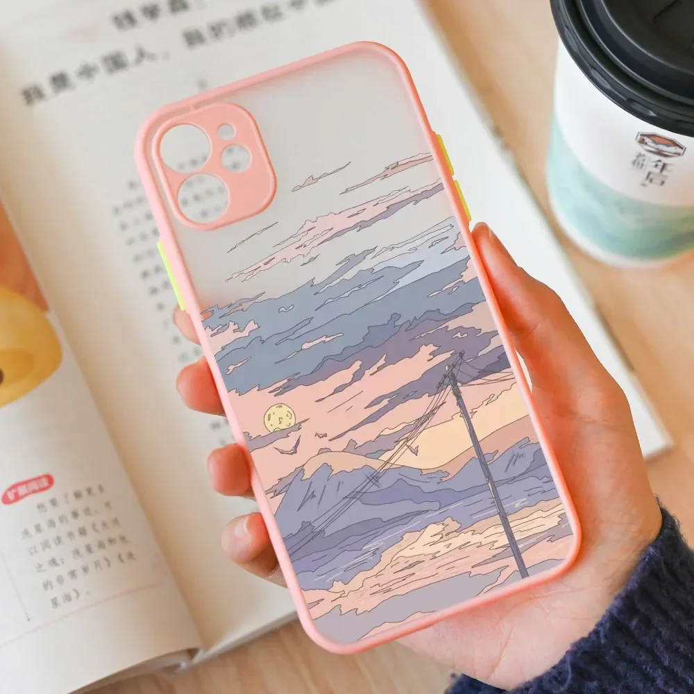 Cartoon Landscape Phone Case For iPhone 16 13 15 11 12 14 Pro Max 13Mini 15 Plus SE X XR Matte Clear Scenery Covers Fundas Skin