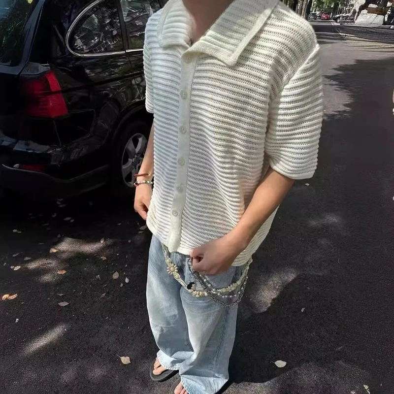 Off-white Old Money Wind Cleanfit Shirt Men's Summer Hollow Knitted Short-sleeved Cardigan High-end Trendy Jacket Individuality