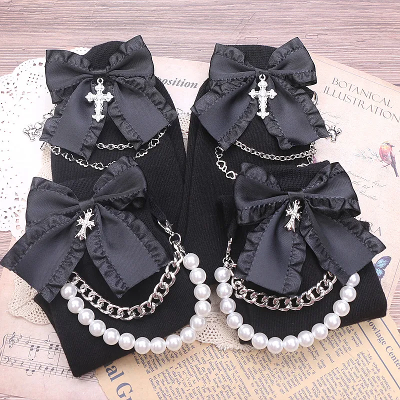 Gothic Dark Black Bow Socks Punk Bow with Beads Chains Mid-Calf Socks Larme Kei Cotton Lace Socks for Y2K GirlWomen