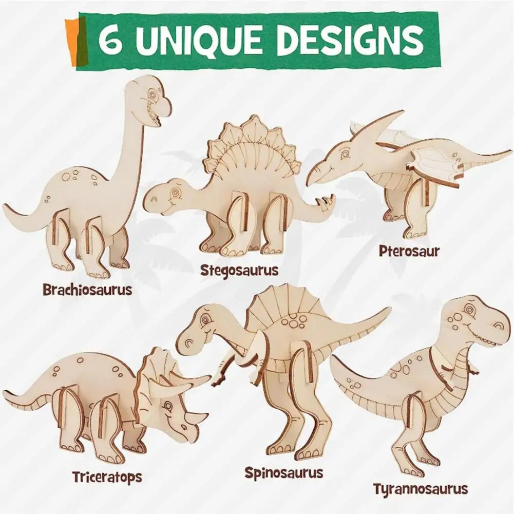 

Wooden Dinosaur Model Kit Educational Wooden Dinosaur Puzzle Kit with Coloring Pens Pigments 6 Wood Dino Jigsaws for Boys