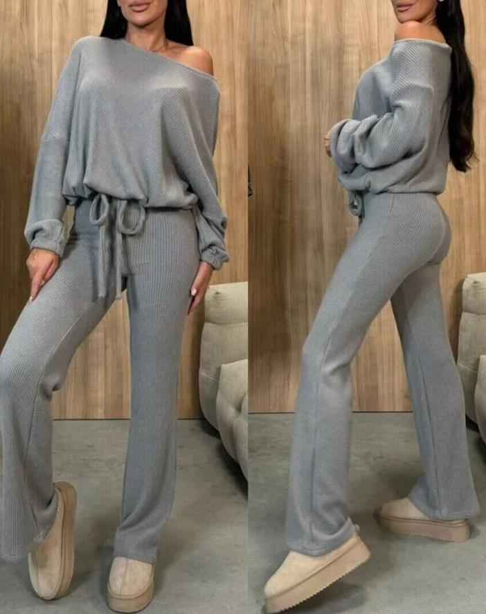 

Casual Women's 2 Piece Outfits Autumn New Fashion Skew Neck Long Sleeve Pullovers Top Stretchy Waist Flared Pants Set Tracksuit