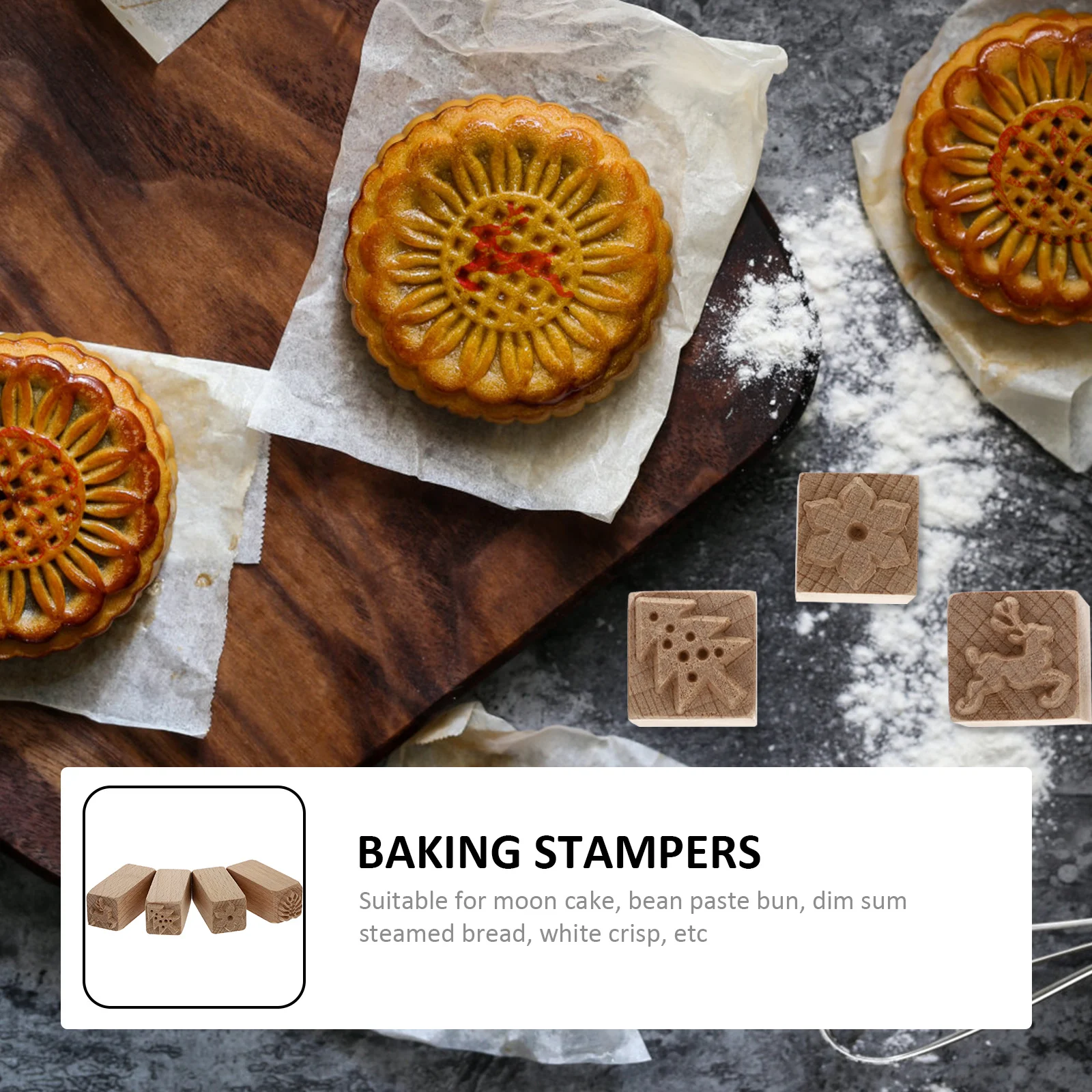 

4Pcs Wooden Cake Stampers Christmas Bread Cake Biscuit Printing Molds Easy Storage Reusable Baking Dessert Decoration Tools