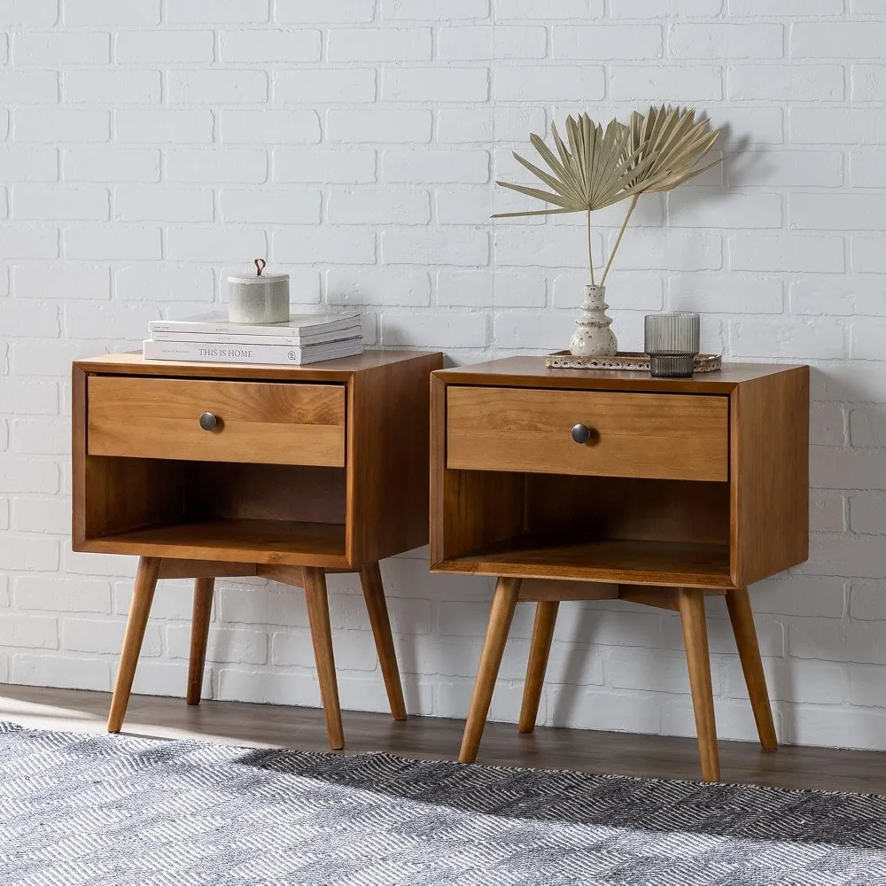 

Ella Mid-Century Modern 2-Piece 1-Drawer Solid Wood Nightstand Set, 2 Pack, Caramel bedroom furniture muebles de dormitorio