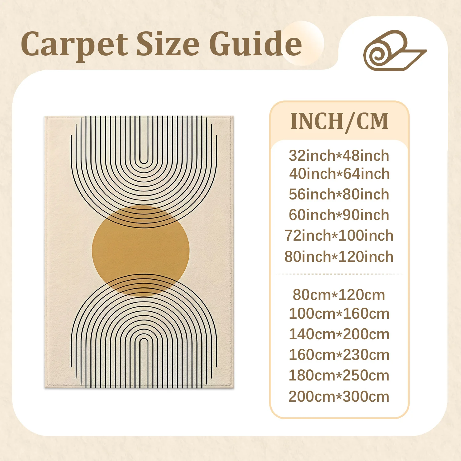 Large Indoor Area Rug, Soft Velvet Low Pile Rug with Non-Slip Dotted Backing, Machine Washable Modern Geometric Arched Line Rug in Beige & Gold, Great for Living Room, Bedroom, Entryway