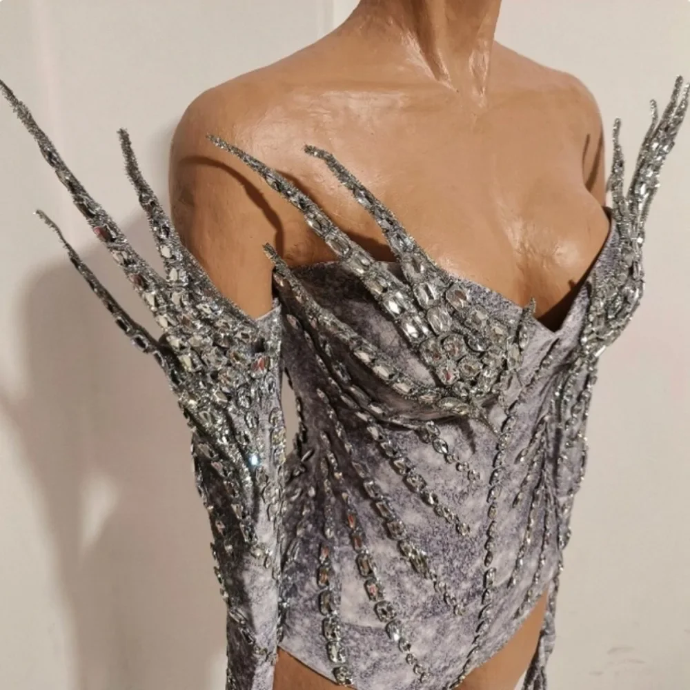 Women Singer Stage Outfit Rhinestone Spiky Stereo Slim Fit Waist Strapless Bodysuit Sexy Jumpsuit For Party Club Stage Performan