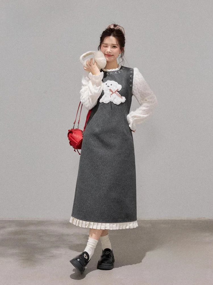 

Женское шерстяное платье больших размеров с эффектом похудения, повседневное, с высокой талией, короткое, с длинным рукавом, круглым вырезом, А-силуэт, для женщин