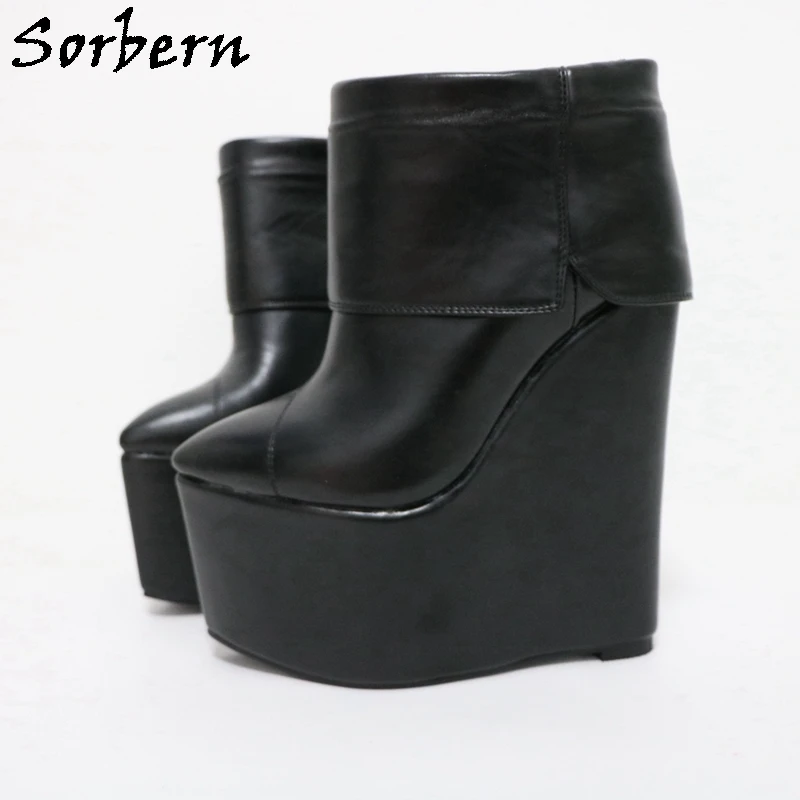 Sorbern 18Cm Wedge Heel Ankle Boots For Women Platform Folded Open Slip On Booties Pointed Toe Comfortable Walk Shoes Customized