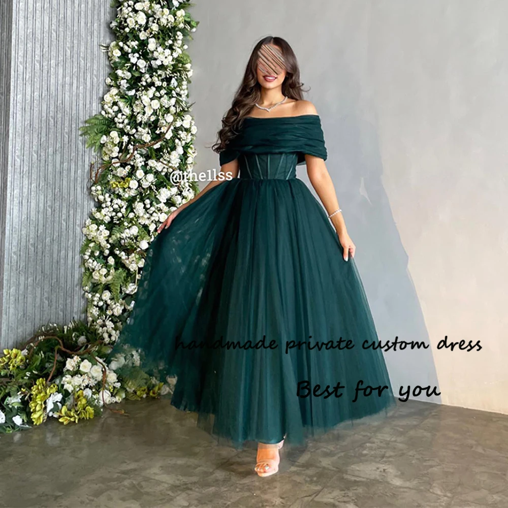 

Teal Tulle Prom Dresses for Women Off Shoulder A Line Arabian Dubai Evening Party Dress Ankle Length Formal Occasion Gown