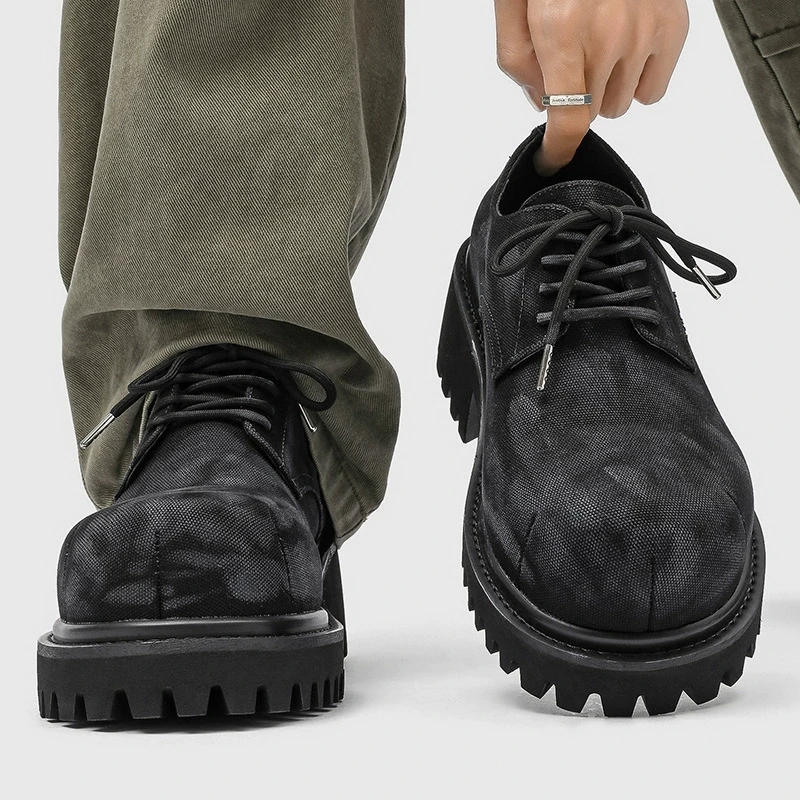 New  Men's Washed Denim Casual Shoes Increased Height Big Head Leather Shoes Spring Autumn Pure Color Adult Shoes