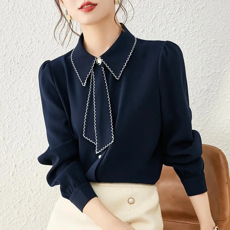 

Spring Autumn Shirts Women Design Chic Blouse Button Office Lady Tops Long Sleeve Bottom Shirt Trend Bow Ties Blouses New