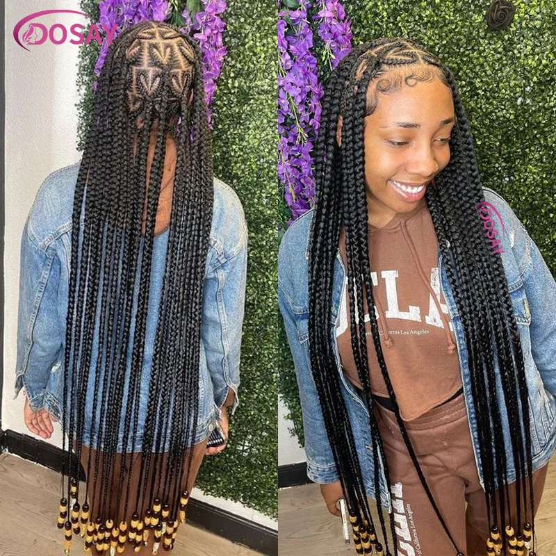 Long 36'' Cornrow Braided Wigs Synthetic Lace Wigs With Baby Hair Faux Locs Heart Shape Knotless Box Braids Wig For Black Women