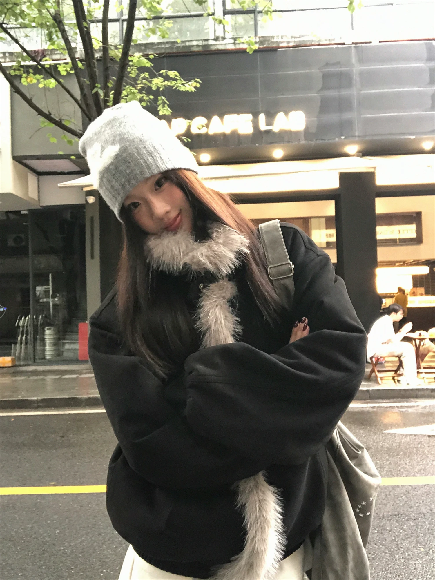 Y2K Grunge Faux Fur Trim Stand Collar Suede Bomber Jacket Women Oversized Long Sleeve Fall Winter Streetwear Outerwear