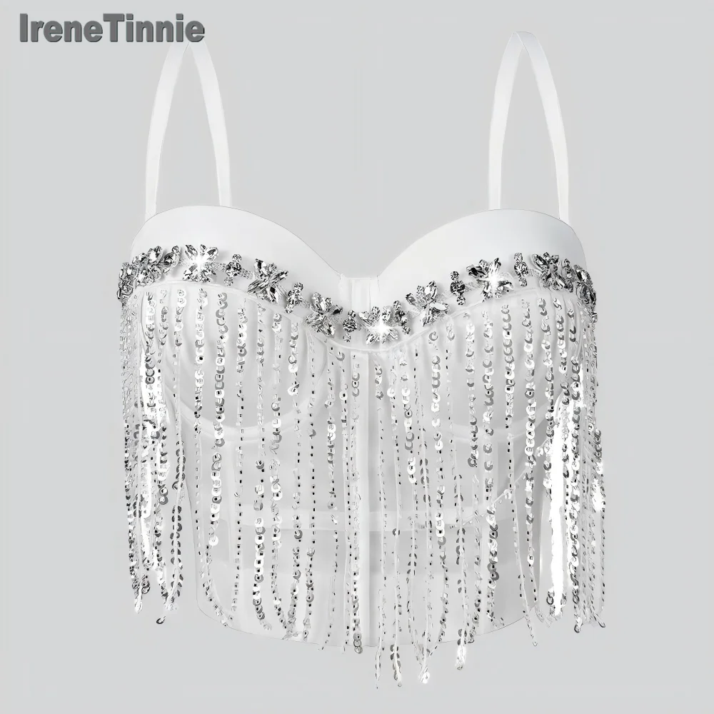 

IRENE TINNIE Crop Top Built in Bra Sexy Night Out Tassel Diamond Corset Bustier Tops Coquette Women Stage Party Female Summer