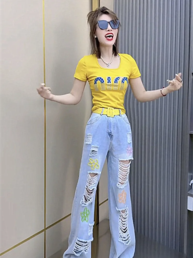 

Trendy Summer Women 2025 New Graffiti U-neck Short sleeved Top with Broken Hole Straight leg Jeans Stylish Two piece Set