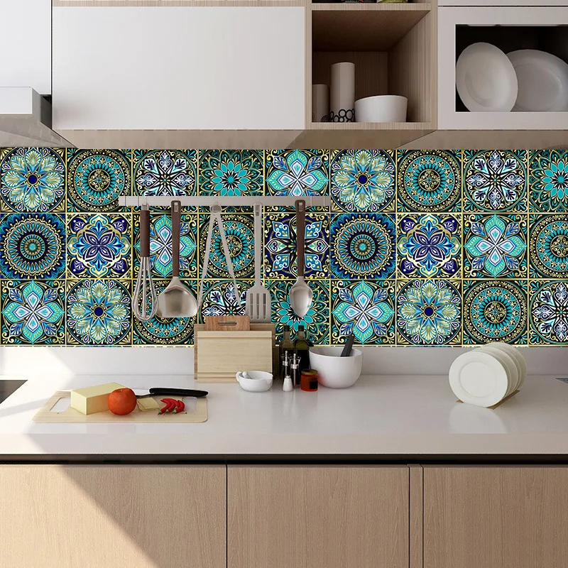 Adesivo de azulejo com padrão de mandala, adesivo de parede colorido fosco, decoração de casa para cozinha, sala de estar, banheiro, armário de mesa com 10 peças